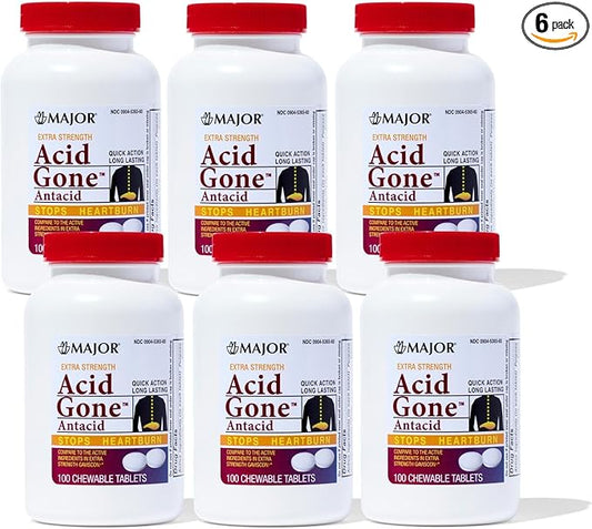 Major Acid Gone Extra Strength Antacid Chewable Tablets - Anti-Acid Relief - Acid Reflux Medicine for Adults - Upset Stomach, Acid Indigestion, and Heartburn Relief - Long-Lasting - 100-Count (6 Pack)