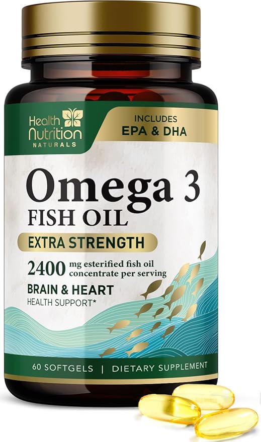 Omega 3 Fish Oil Triple Strength 1200 mg Softgels, Omega-3 Supplements, Natural Brain Heart Health & Immune Support - Fatty Acids with EPA & DHA - Wild Caught Fish Oil Supplement - 60 Softgels