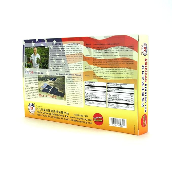 Hsu's Ginseng SKU 1034 | American Ginseng Tea, 20ct | Cultivated Wisconsin American Ginseng direct from Hsu's Ginseng Gardens | 许氏花旗参茶 | 20ct Box,西洋参, B000153R40