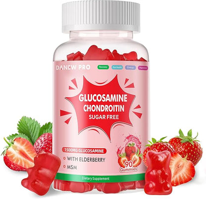 Glucosamine Chondroitin Gummies with MSM & Elderberry Extra Strength - Joint Support, Antioxidant Immune Support Supplement for Adults, Men & Women.90 Strawberry Gummies