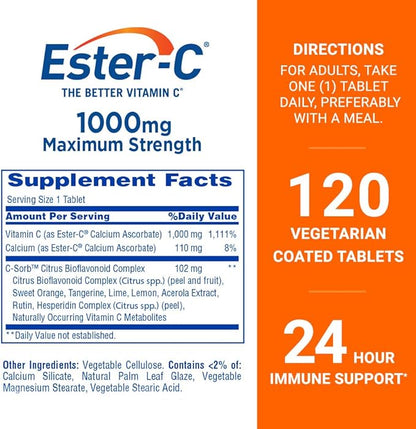Ester-C Vitamin C 1000 mg Coated Tablets, Immune System Booster, Stomach-Friendly Supplement, 120 Count