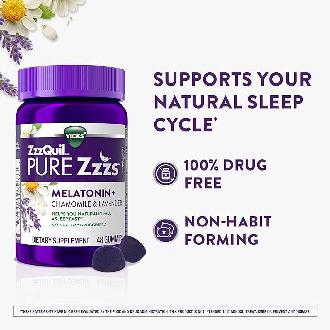 ZzzQuil Pure Zzzs Melatonin Gummies, Sleep Aid, Melatonin 2mg, with Chamomile & Lavender, Melatonin Sleep Gummies, Sleep Aids for Adults, Wildberry Vanilla Flavored, 48 Sleep Gummies