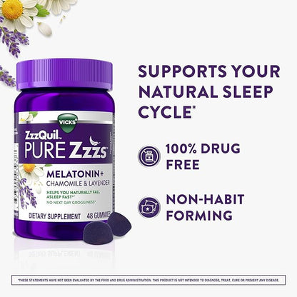 ZzzQuil Pure Zzzs Melatonin Gummies, Sleep Aid, Melatonin 2mg, with Chamomile & Lavender, Melatonin Sleep Gummies, Sleep Aids for Adults, Wildberry Vanilla Flavored, 48 Sleep Gummies