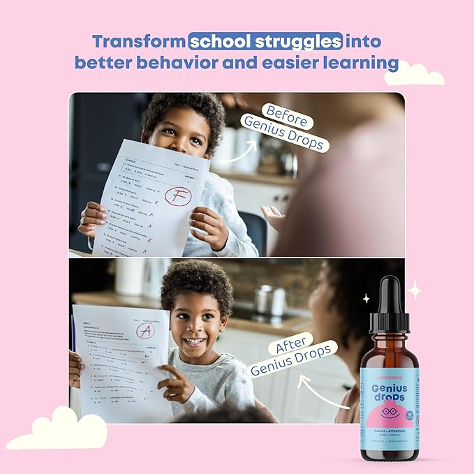 JoySpring Genius Drops for Kids | Clinically Proven Focus Supplement | Liquid Herbal Focus Supplement with Ginkgo Biloba for Kids (1 fl oz) 30 Servings