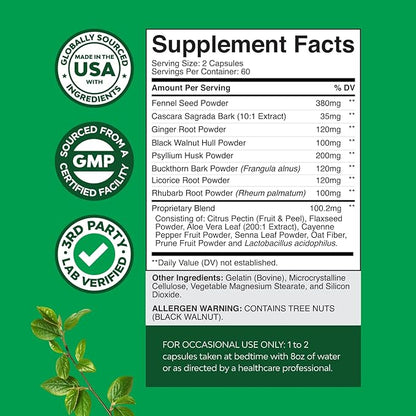 Herbal Colon Cleanse for Women & Men - 15 Day Gut Cleanse Detox for Women with Senna Leaf Cascara Sagrada & Psyllium Husk for Fasting Acting Relief - 3rd Party Tested Made in the USA (60 Servings)