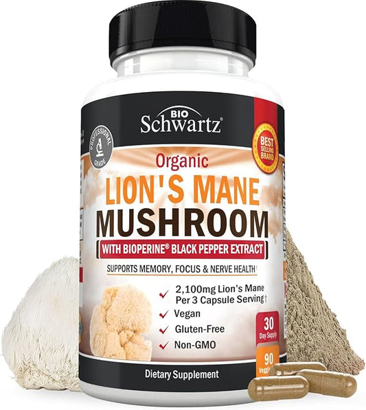 BioSchwartz Organic Lions Mane Supplement Capsules (90 Count) 2100mg Lions Mane Mushrooms with BioPerine for Max Absorption, Active Compound Verified, Nootropic Brain Supplements for Memory and Focus