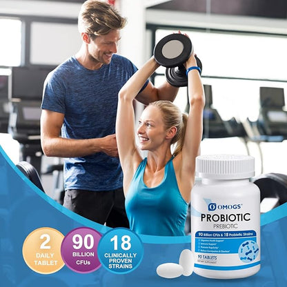 Probiotics 90 Billion CFUs 18 Strains,with 3 Organic Prebiotics & Vitamin C,Nutritional Supplement for Women,Men & Kids,Support Metabolism,Immunity and Digestive Health,Non-GMO, 90 Tablets