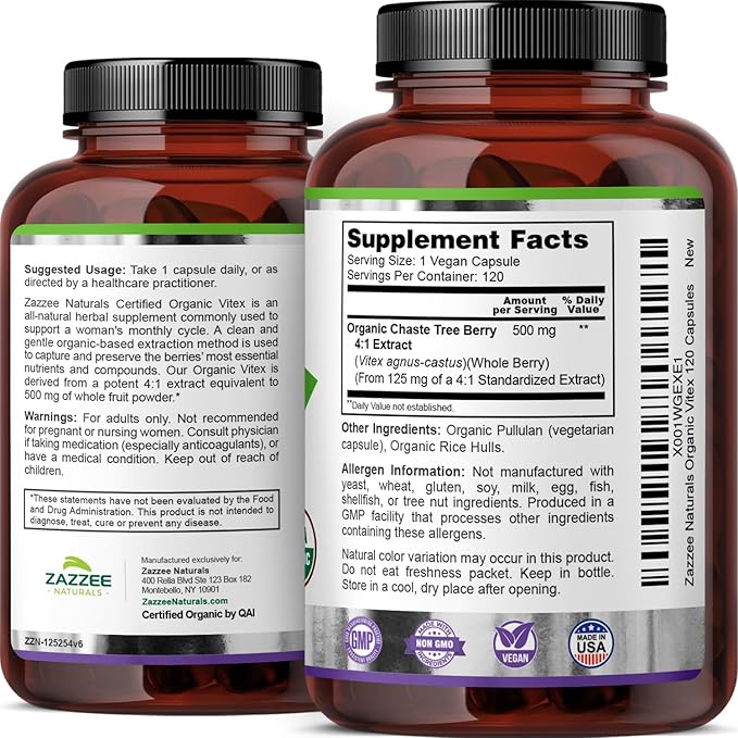 Zazzee USDA Organic Vitex, 500 mg Strength, 120 Vegan Capsules, 4 Month Supply, Standardized and Concentrated 4X Extract, Whole USDA Certified Organic Chaste Berry, All-Natural and Non-GMO