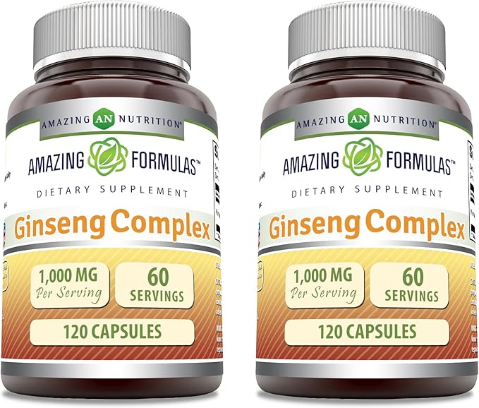 Amazing Formulas Ginseng Complex 1000mg of 4:1 Korean Ginseng Extract, Capsules Supplement | Non-GMO | Gluten Free | Made in USA (120 Count | 2 Pack)