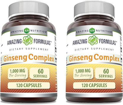 Amazing Formulas Ginseng Complex 1000mg of 4:1 Korean Ginseng Extract, Capsules Supplement | Non-GMO | Gluten Free | Made in USA (120 Count | 2 Pack)