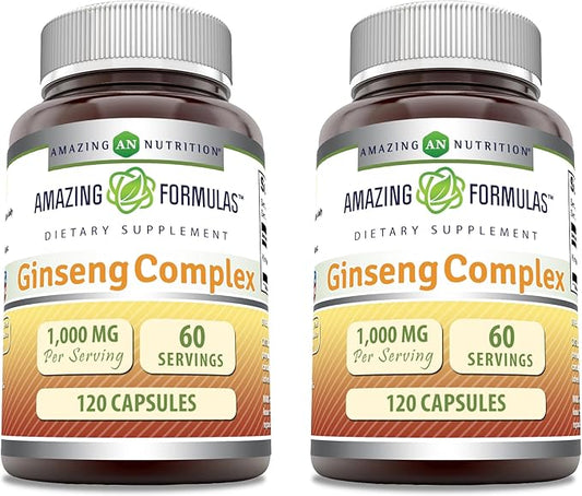 Amazing Formulas Ginseng Complex 1000mg of 4:1 Korean Ginseng Extract, Capsules Supplement | Non-GMO | Gluten Free | Made in USA (120 Count | 2 Pack)