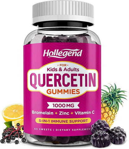 Quercetin Gummies for Kids and Adults, 1000mg Quercetin with Bromelain Vitamin C Zinc and Elderberry Supplement Organic, Chewable Gummies Vegan for Immunity Allergy Support, 60 Count