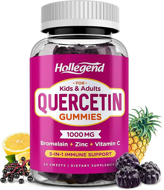 Quercetin Gummies for Kids and Adults, 1000mg Quercetin with Bromelain Vitamin C Zinc and Elderberry Supplement Organic, Chewable Gummies Vegan for Immunity Allergy Support, 60 Count