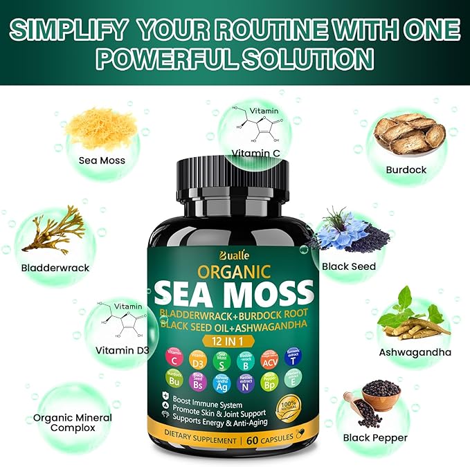 Organic Sea Moss Capsules with Sea Moss,Black Seed Oil,Ashwagandha,Bladderwrack,Ginger,Burdock Root for Immune System,Skin,Energy Support-120 Capsules (2 Pack)