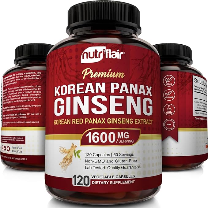 NutriFlair Korean Red Panax Ginseng 1600mg – 120 Vegan Capsules | 5% Ginsenosides | Non-GMO, Gluten-Free | Natural Energy & Focus Support | Made in USA