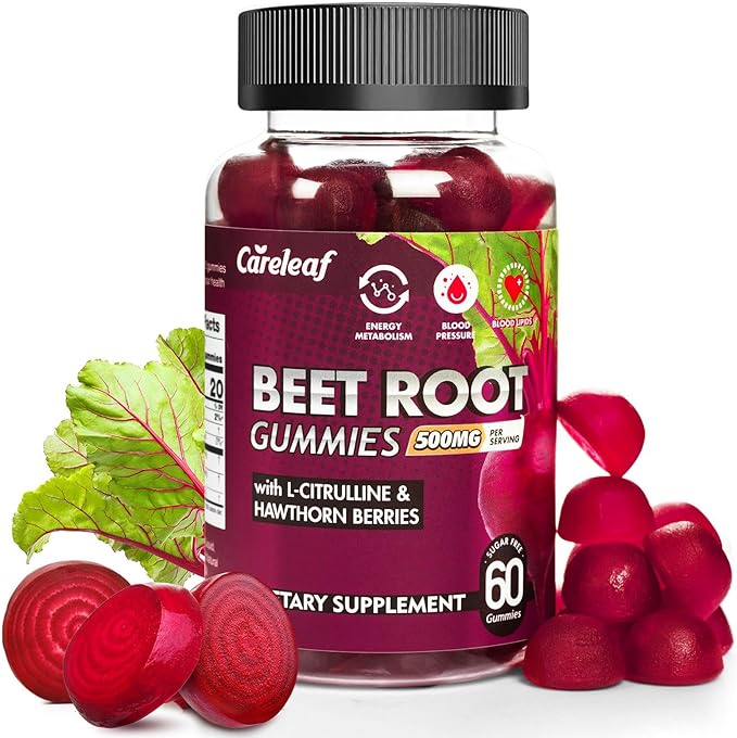 Sugar Free Vegan Beet Root Gummies for Blood Pressure, Beetroot Gummies with L-Citrulline and Hawthorn Extract, Peach Flavor Beet Chews for High Blood Pressure, 60 Count