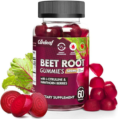 Sugar Free Vegan Beet Root Gummies for Blood Pressure, Beetroot Gummies with L-Citrulline and Hawthorn Extract, Peach Flavor Beet Chews for High Blood Pressure, 60 Count