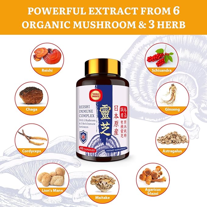 Japanese Reishi Mushroom Complex Supplement 1500mg - Reishi,Chaga,Cordyceps,Lion's Mane,Maitake,Agaricus Mushrooms Extract & 3 Herb,Organic Mushroom Capsules for Immune,Brain,Energy (Pack of 1)
