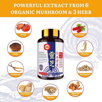 Japanese Reishi Mushroom Complex Supplement 1500mg - Reishi,Chaga,Cordyceps,Lion's Mane,Maitake,Agaricus Mushrooms Extract & 3 Herb,Organic Mushroom Capsules for Immune,Brain,Energy (Pack of 1)