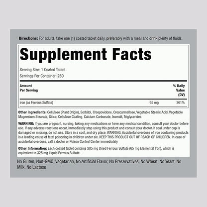 Piping Rock Iron Ferrous Sulfate 65 mg | 250 Tablets | Iron Supplement | High Potency Formula | Vegetarian, Non-GMO, Gluten Free