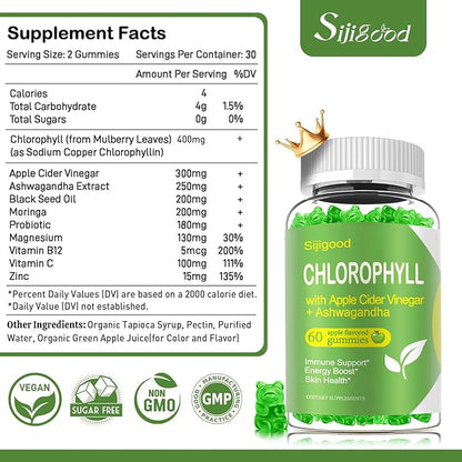 Chlorophyll Gummies with Black Seed Oil, Moringa, Probiotic for Body Odor, Digestion, Skin, Hair, and Immunity Support - Adults Kids Women Men, 60 Apple Flavored Gummies