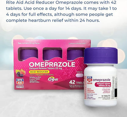 Rite Aid Acid Reducer Omeprazole Delayed Release Tablets - 20 mg, 3 Bottles, 14 Count Each (42 Count Total), Wildberry Mint Flavor, Heartburn Relief, Heartburn Medicine, Treats Frequent Heartburn