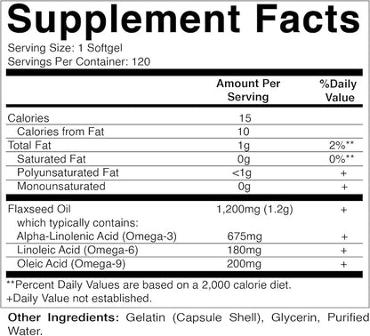 Vitamatic Flaxseed Oil 1200 mg – 120 Softgels Cold-Pressed Flaxseed Oil with 675 mg ALA Omega-3 – Supports Heart Health & Overall Wellness