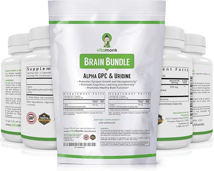 VitaMonk Alpha GPC and Uridine Stack - Mr Happy Stack - Uridine Monophosphate with No Artificial Fillers - Bioavailable Choline Supplements Promote Cognition, Focus, Mental Clarity