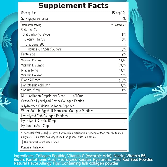 Collagen Peptides Powder for Women, Multi Marine Hydrolyzed for Healthy Hair, Skin, Nails with Hyaluronic Acid, Biotin, Vitamin C, 30 Servings (10.6 OZ, Unflavored)