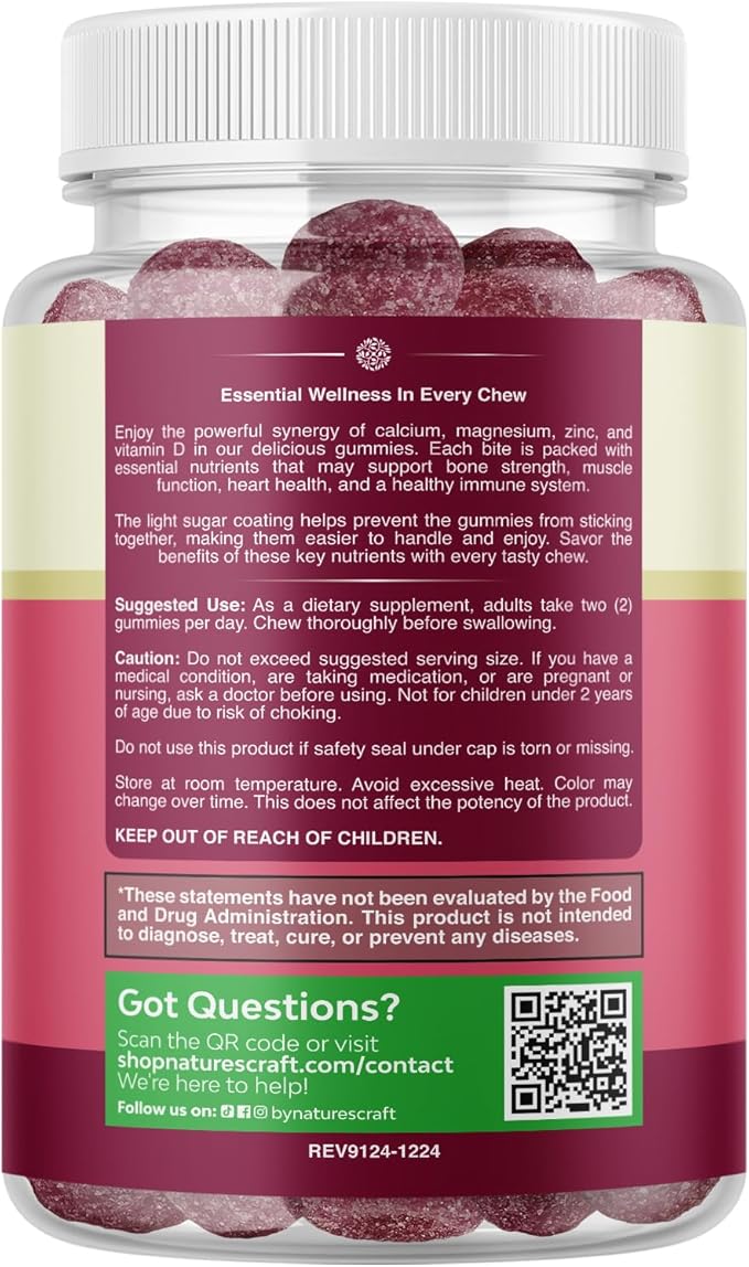 Calcium Magnesium Zinc Gummies - Magnesium Zinc Calcium Supplement Gummies with Vitamin D3 for Teeth and Bone Health - Certified Kosher Non-GMO Gelatin Free & Vegetarian Friendly (2 Month Supply)