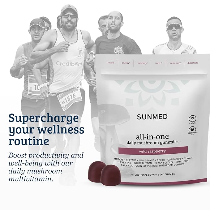 SUNMED All-in-One Mushroom Gummy Supplements for Focus, Energy, Mood & Immune Support – 10 Functional Mushrooms (Lion’s Mane, Reishi, Cordyceps, Chaga) | Wild Raspberry Flavor, 60ct