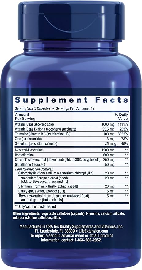 Life Extension Anti-Alcohol Complex, Vitamin C, zinc, Grape Seed, Milk Thistle, Clove Extract, Supports Healthy Alcohol Metabolism & Optimal Liver Function, Gluten-Free, Non-GMO, 60 Capsules