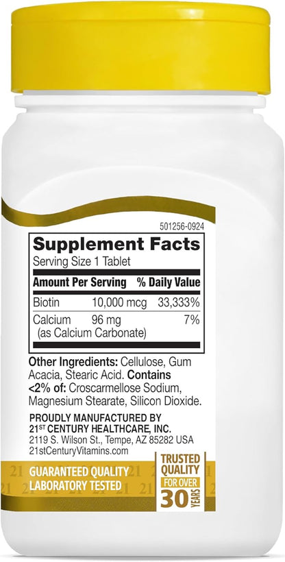 21st Century Biotin Tablets, 10,000 mcg, Unflavored 120 Count