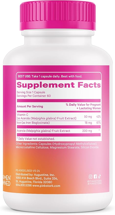 Pink Stork Prenatal Iron Supplement for Women - 18 mg Non-Constipating Iron & Vitamin C for Pregnancy, Postpartum, & Breastfeeding - Focus, Fatigue, & Blood Cell Production - 2 Month Supply
