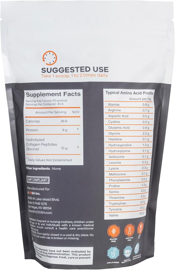 Hydrolyzed Collagen Peptides Powder, Adult Nutritional Supplement, Grass-Fed, Dairy-Free, Gluten-Free, 10g Serving, 46 Servings, Pouch