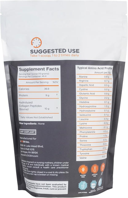Hydrolyzed Collagen Peptides Powder, Adult Nutritional Supplement, Grass-Fed, Dairy-Free, Gluten-Free, 10g Serving, 46 Servings, Pouch