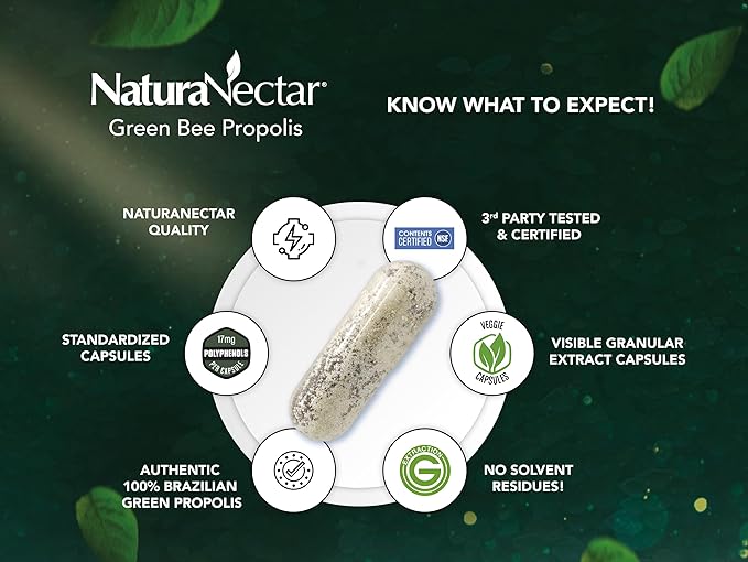 NaturaNectar - Green Bee Propolis Capsules - NSF Contents Certified Brazilian Green Propolis - Gluten-Free Propolis Supplements with Flavonoids - Naturally Sourced Through Ethical Beekeeping (60pcs.)