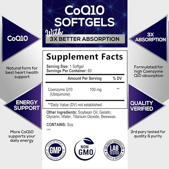 Co Q 10 Supplement - CoQ10 100mg Antioxidant, Heart Health Support & Energy Production - Coenzyme Q10 (Ubiquinone) Vitamins Increased Absorption, Gluten Free, Women & Men 2 Month Supply - 60 Softgels