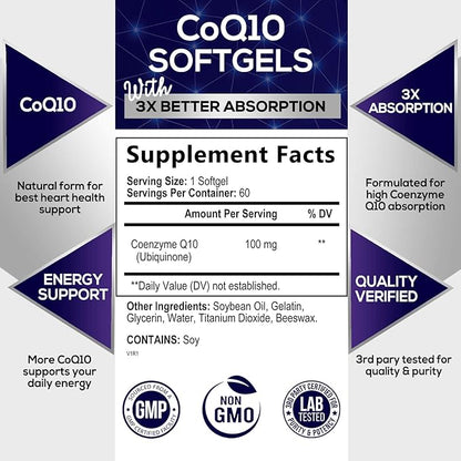 Co Q 10 Supplement - CoQ10 100mg Antioxidant, Heart Health Support & Energy Production - Coenzyme Q10 (Ubiquinone) Vitamins Increased Absorption, Gluten Free, Women & Men 2 Month Supply - 60 Softgels