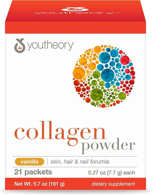 Youtheory Collagen Powder - Premium Collagen Supplement with Vitamin C & Biotin - Healthy Hair, Skin, Nails & Joints - Hydrolyzed & Highly Absorbable - Dairy, Soy & Gluten Free - Vanilla - 21 Packets