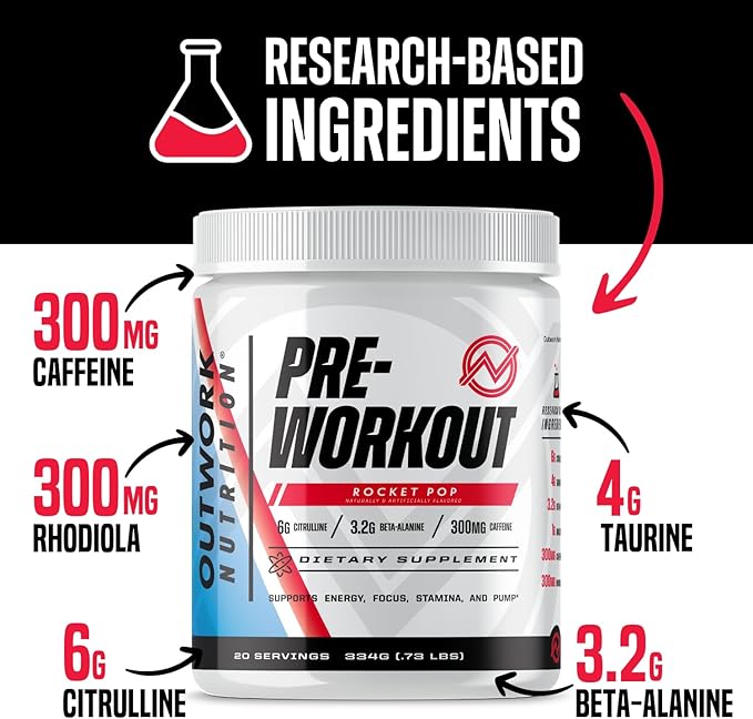 Outwork Nutrition Pre-Workout for Men & Women, Pre Workout Without Creatine, Nootropic Pre Workout Powder with Citrulline Malate, Beta Alanine, Taurine, Rhodiola & Caffeine (Rocket Pop)