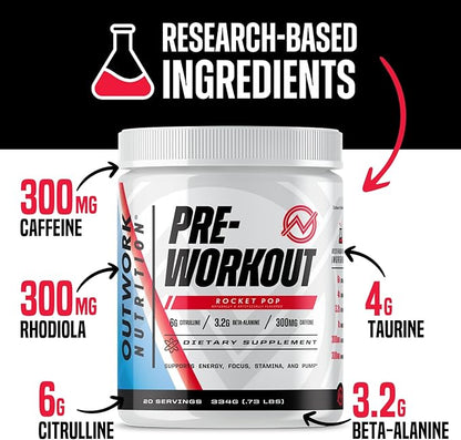 Outwork Nutrition Pre-Workout for Men & Women, Pre Workout Without Creatine, Nootropic Pre Workout Powder with Citrulline Malate, Beta Alanine, Taurine, Rhodiola & Caffeine (Rocket Pop)