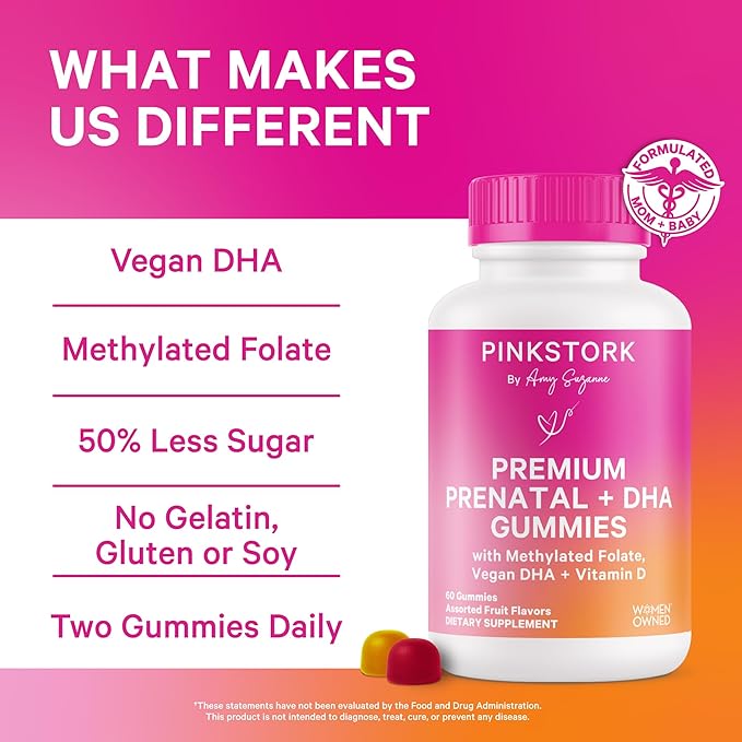 Pink Stork Premium Prenatal Gummy Vitamins with DHA, Folate, and Vitamin D - 60 Vegan Gummies - 2 Pack