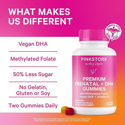 Pink Stork Premium Prenatal Gummy Vitamins with DHA, Folate, and Vitamin D - 60 Vegan Gummies - 2 Pack