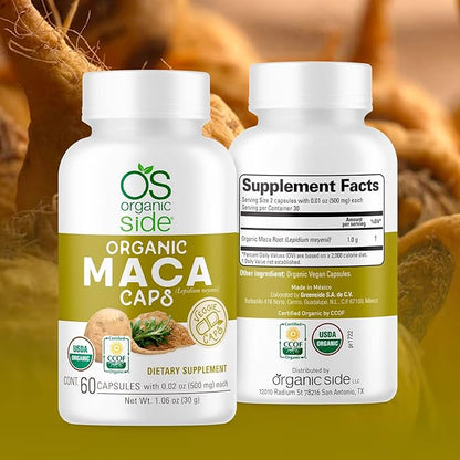 Organic Side | Maca Capsules | USDA Certified Organic, Non-GMO, Vegan | 60 Capsules for Energy | Hormone Balance, and Vitality | Natural Supplement