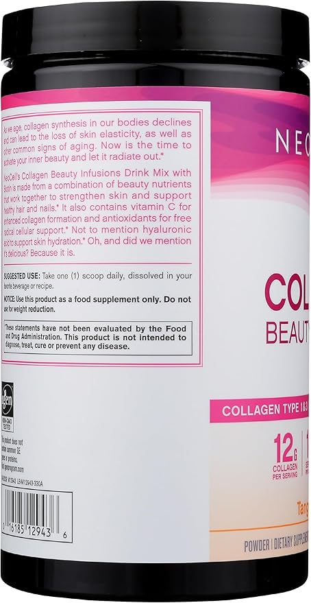 NeoCell Collagen Powder with Biotin, Vitamin C & Hyaluronic Acid, Collagen Type 1 & 3, Beauty Infusion Promotes Beautiful Skin, Healthy Hair & Nail, Gluten Free, Tangerine, 11.64 Oz