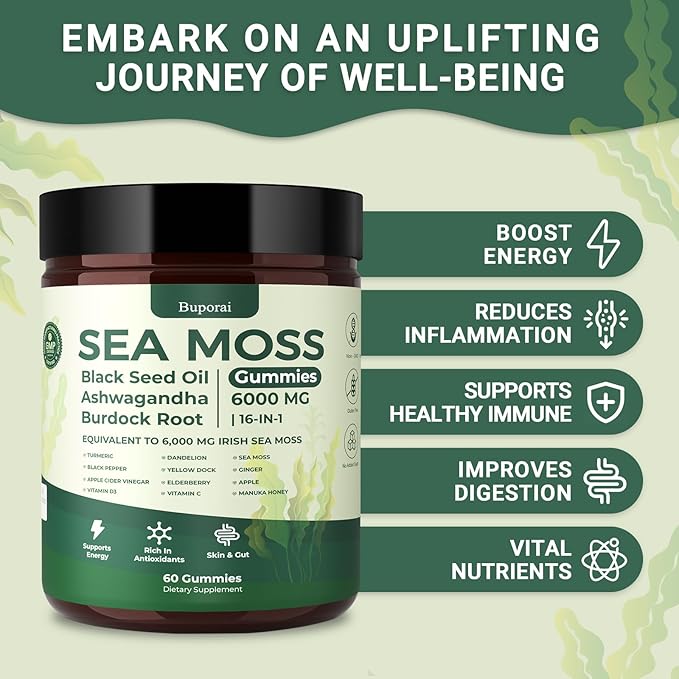 Sea Moss Gummies 16-1, Black Seed Oil Ashwagandha Turmeric Bladder Wrack Vitamin C Vitamin D3 Elderberry Manuka Dandelion Yellow Dock Apple Cider Vinegar for Men & Women