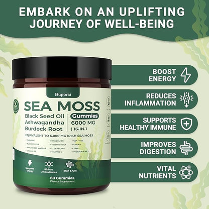Sea Moss Gummies 16-1, Black Seed Oil Ashwagandha Turmeric Bladder Wrack Vitamin C Vitamin D3 Elderberry Manuka Dandelion Yellow Dock Apple Cider Vinegar for Men & Women