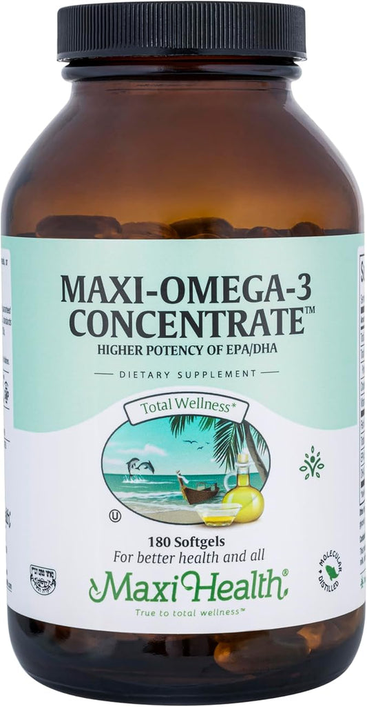 Maxi Health Omega 3 Supplement - Omega-3 Fish Oil Concentrate - Higher Potency Source of EPA/DHA Fatty Acids - Heart, Brain & Joint Health - Wild Caught Marine Fish - 180 Vegetarian Softgels