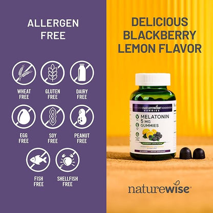 NatureWise Melatonin Gummies 5mg - Non-Habit Forming Sleep Support Supplement with Ashwagandha, Valerian Root - BlackBerry-Lemon Flavor - Vegan, Gluten Free, Non-GMO - 180 Count[90-Day Supply]